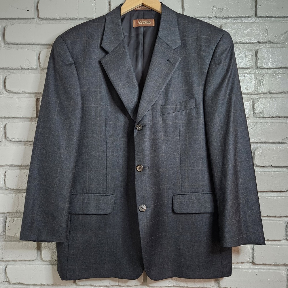Tasso Elba Mens Blazer 42S Wool Gray Windowpane Plaid Vitale Barberis Canonico